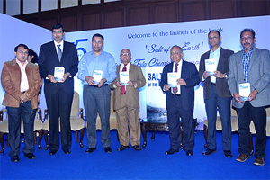 R Nanda, head HR; Tata Chemicals, Sableel Nandy, VP, manufacturing, Tata Chemicals, Haldia; R Mukundan, MD, Tata Chemicals; SN Bhattacharya, former president, Tata Chemicals, Mithapur; Sandipan Chakravortty, former MD, TSPDL; PK Ghose, ED & CFO, Tata Chemicals and Philip Chacko, co-author at the Tata Chemicals book launch Salt of the Earth: The Story of Tata Chemicals